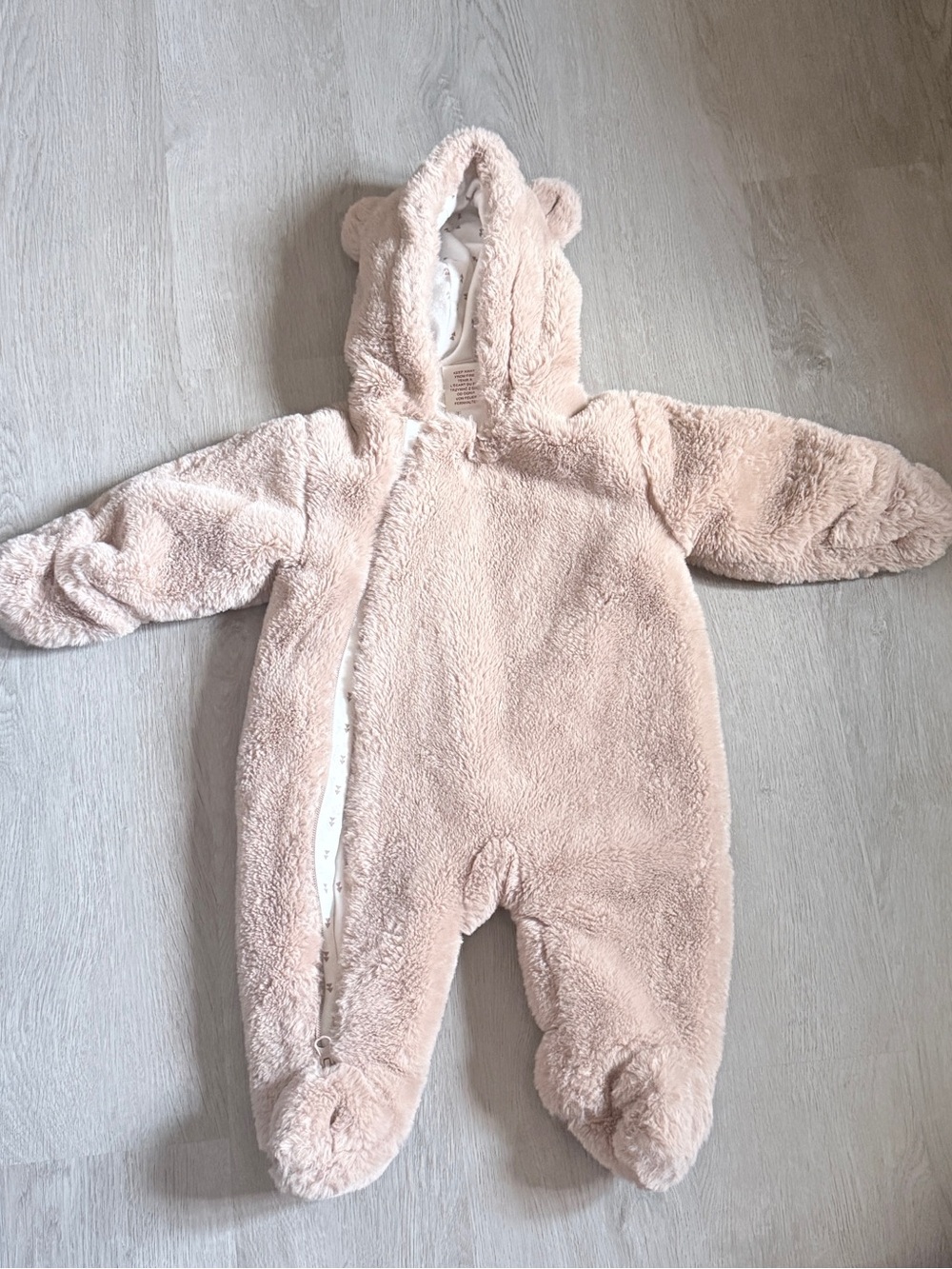 Plush Hooded Baby One-Piece Footie in Pale Pink with Ear Detail